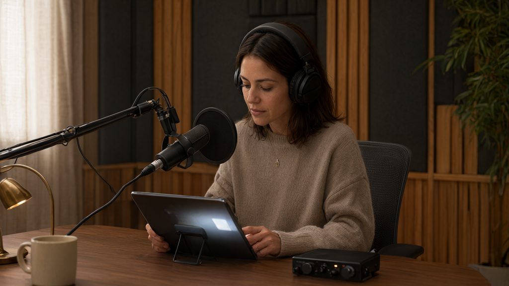 Persona leyendo con calma frente a un micrófono de estudio