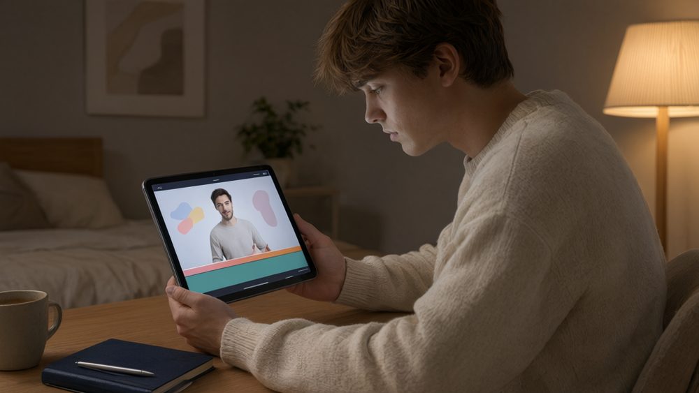 Clase asincrónica con el avatar del experto en una tablet